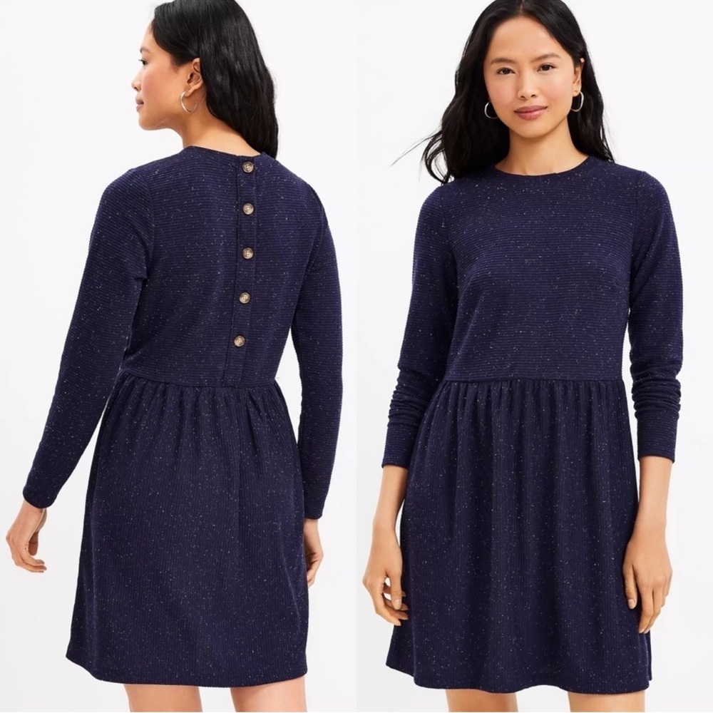 Loft Petite Navy Blue Flecked Button Back Swing Dress Medium